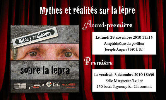 Publicité pour l'avant-première et la première du documentaire « Mythes et réalités sur la lèpre »